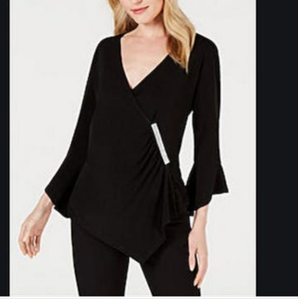 New JM Collection women's Diamonte Bell Sleeve Wrap Top Blouse Black size XL